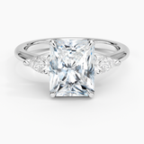 Fleur Three Stone Diamond Engagement Ring with a Radiant cut diamond in white gold — top view