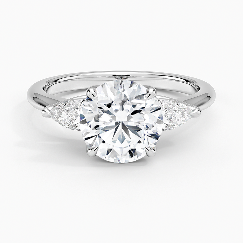 Fleur Three Stone Diamond Engagement Ring with a Round cut diamond in white gold — top view