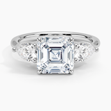 Luxe Opera Three Stone Diamond Engagement Ring with a Asscher cut diamond in white gold — top view