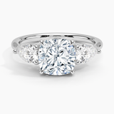 Luxe Opera Three Stone Diamond Engagement Ring with a Cushion cut diamond in white gold — top view