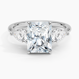 Luxe Opera Three Stone Diamond Engagement Ring with a Radiant cut diamond in white gold — top view