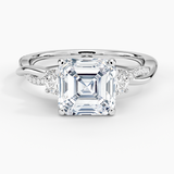 Petite Twisted Vine Three Stone Diamond Engagement Ring with a Asscher cut diamond in white gold — top view