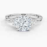 Petite Twisted Vine Three Stone Diamond Engagement Ring with a Cushion cut diamond in white gold — top view