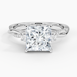 Petite Twisted Vine Three Stone Diamond Engagement Ring with a Princess cut diamond in white gold — top view