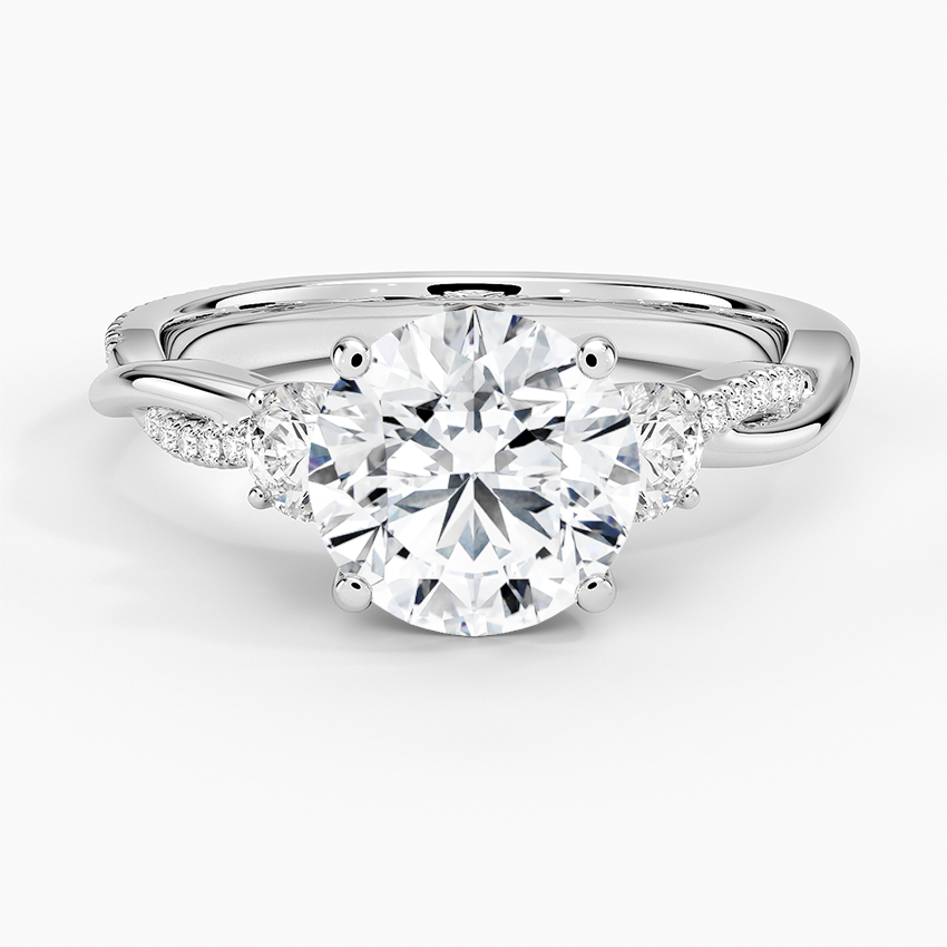 Petite Twisted Vine Three Stone Diamond Engagement Ring with a Round cut diamond in white gold — top view
