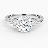 Petite Twisted Vine Three Stone Diamond Engagement Ring with a Round cut diamond in white gold — top view