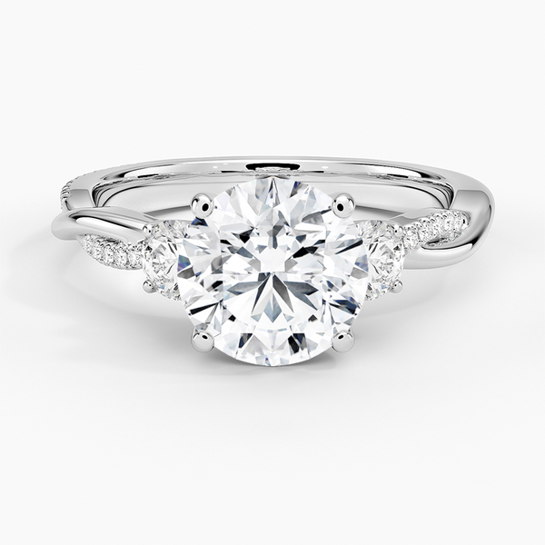 Petite Twisted Vine Three Stone Diamond Engagement Ring with a Round cut diamond in white gold — top view