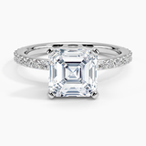 Petite Shared Prong Three-Quarter Coverage Diamond Engagement Ring with a Asscher cut diamond in white gold — top view