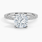 Petite Shared Prong Three-Quarter Coverage Diamond Engagement Ring with a Cushion cut diamond in white gold — top view