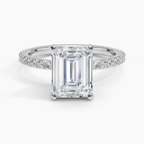 Petite Shared Prong Three-Quarter Coverage Diamond Engagement Ring with a Emerald cut diamond in white gold — top view