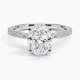 Petite Shared Prong Three-Quarter Coverage Diamond Engagement Ring with a Oval cut diamond in white gold — top view