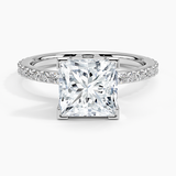 Petite Shared Prong Three-Quarter Coverage Diamond Engagement Ring with a Princess cut diamond in white gold — top view