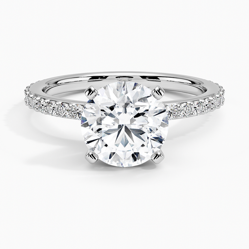 Petite Shared Prong Three-Quarter Coverage Diamond Engagement Ring with a Round cut diamond in white gold — top view
