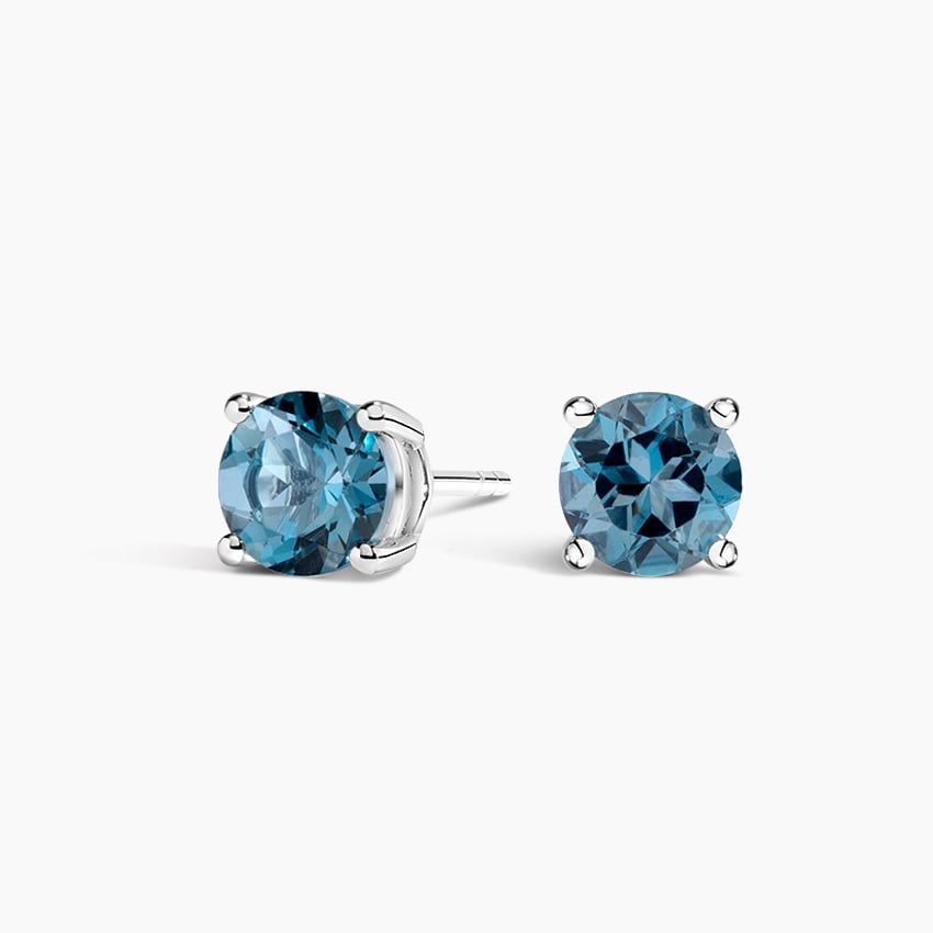 Solitaire London Blue Topaz Stud Earrings in white gold — top view