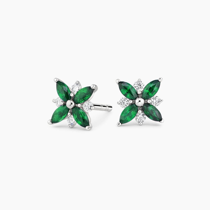 Petal Lab Emerald and Diamond Earrings in white gold — top view