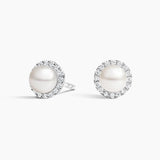 Freshwater Cultured Pearl Halo Diamond Earrings (5mm) in white gold — top view
