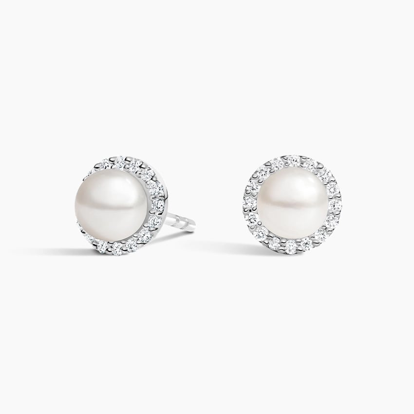 Freshwater Cultured Pearl Halo Diamond Earrings (5mm) in white gold — top view