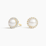 Freshwater Cultured Pearl Halo Diamond Earrings (5mm) in yellow gold — top view