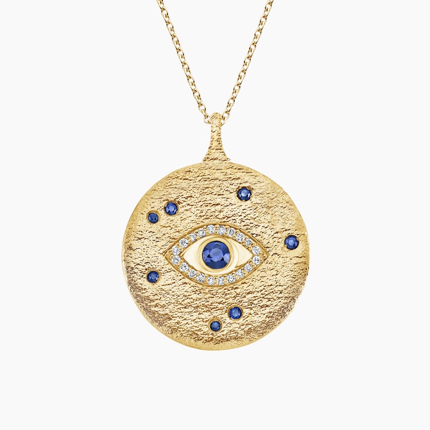 Evil Eye Sapphire and Diamond Medallion in yellow gold — top view