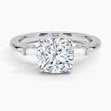 Tapered Baguette Three Stone Diamond Engagement Ring with a Cushion cut diamond in white gold — top view