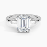 Tapered Baguette Three Stone Diamond Engagement Ring with a Emerald cut diamond in white gold — top view