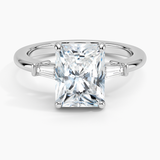 Tapered Baguette Three Stone Diamond Engagement Ring with a Radiant cut diamond in white gold — top view