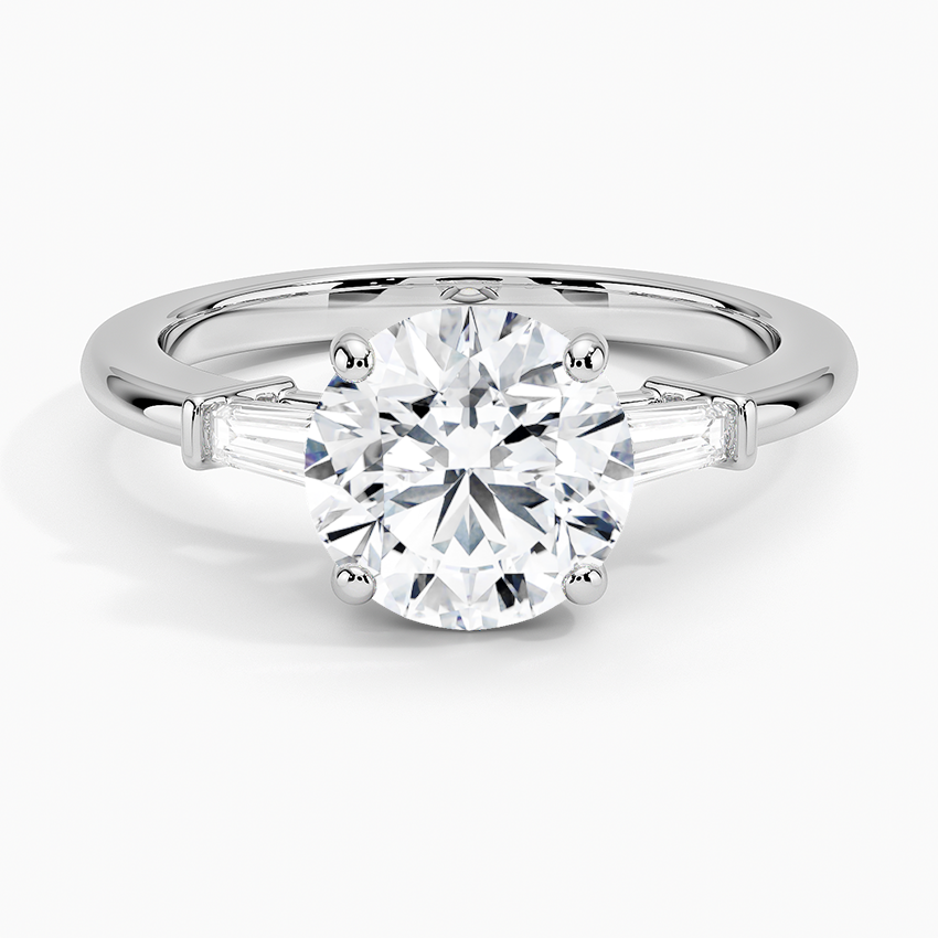 Tapered Baguette Three Stone Diamond Engagement Ring with a Round cut diamond in white gold — top view