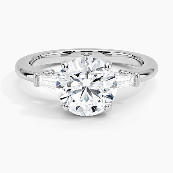 Tapered Baguette Three Stone Diamond Engagement Ring with a Round cut diamond in white gold — top view