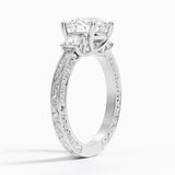 Antique Scroll Three Stone Trellis Diamond Engagement Ring with a Round cut diamond in white gold — side view