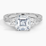 Antique Scroll Three Stone Trellis Diamond Engagement Ring with a Asscher cut diamond in white gold — top view