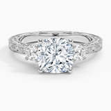 Antique Scroll Three Stone Trellis Diamond Engagement Ring with a Cushion cut diamond in white gold — top view