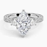 Antique Scroll Three Stone Trellis Diamond Engagement Ring with a Marquise cut diamond in white gold — top view