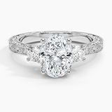 Antique Scroll Three Stone Trellis Diamond Engagement Ring with a Oval cut diamond in white gold — top view