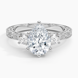 Antique Scroll Three Stone Trellis Diamond Engagement Ring with a Pear cut diamond in white gold — top view
