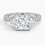 Antique Scroll Three Stone Trellis Diamond Engagement Ring with a Princess cut diamond in white gold — top view