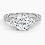 Antique Scroll Three Stone Trellis Diamond Engagement Ring with a Round cut diamond in white gold — top view