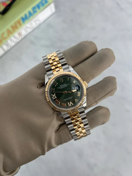 Rolex Datejust 36mm Two-Tone Yellow Gold Green Dial Diamond Watch